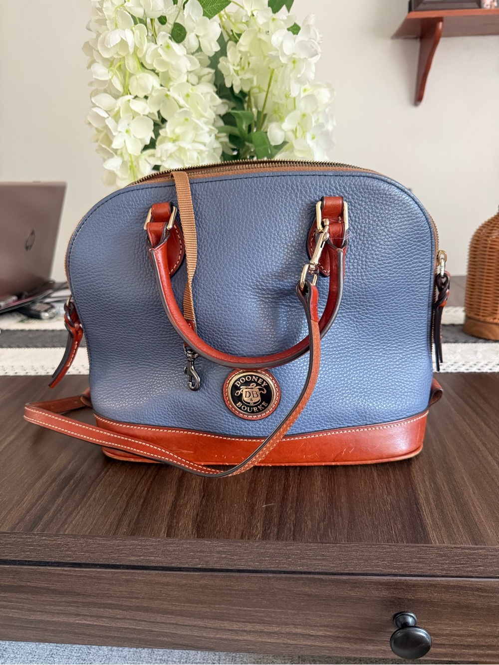 Dooney & Bourke Blue Pebbled Leather Satchel with Brown Trim